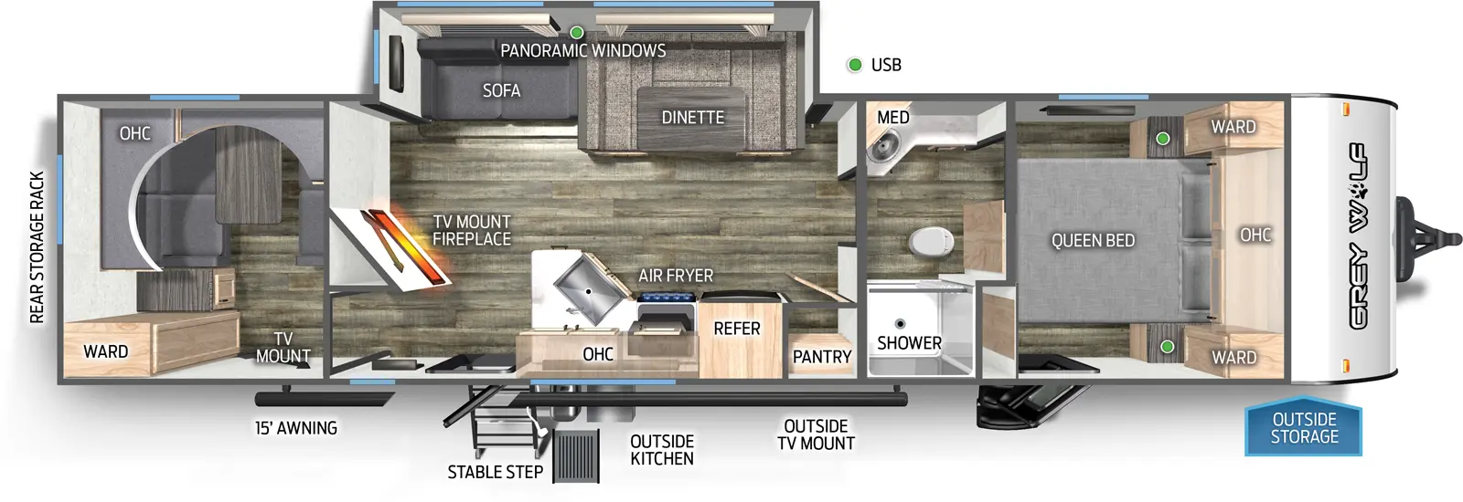 The 29NM has one slideout and two entries. Exterior features outside storage, outside TV mount, outside kitchen, stable step at main entry, 15 foot awning, and rear storage rack. Interior layout front to back: foot facing queen bed with overhead cabinet and wardrobes on each side, and entry; full split pass through bathroom with medicine cabinet; off-door side slideout with dinette, sofa, and panoramic windows; door side pantry, refrigerator, air fryer, overhead cabinet, peninsula kitchen counter with sink, and entry; TV mount and fireplace on angled wall opposite sofa; rear bunk room with door side wardrobe and TV mount.